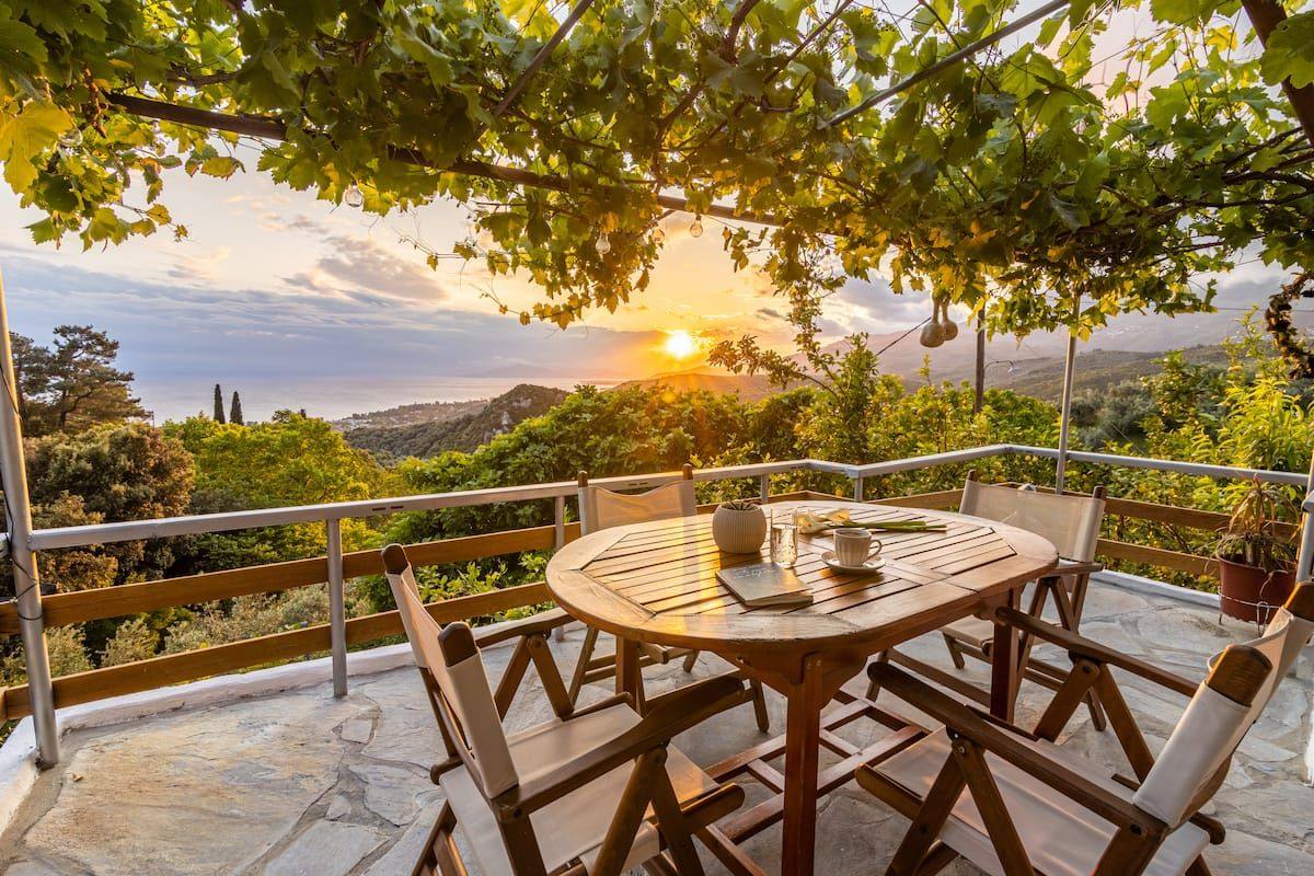 Zelís terrace with sunset sea view in Pelion